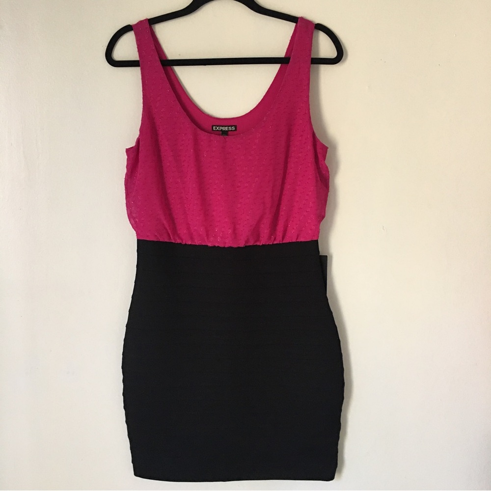 Express Dress Bodycon Bandage Shimmery Top Pencil Bottom Black Pink Sleeveless M